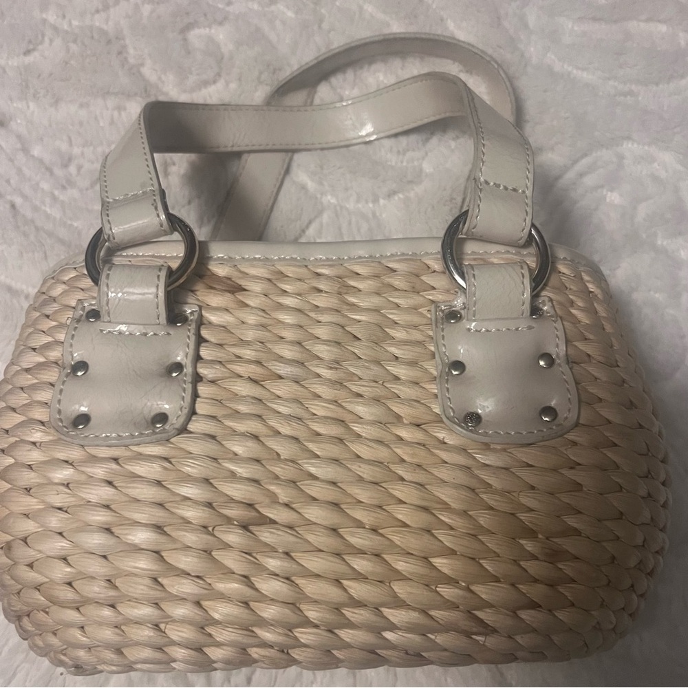 VTG 80s Liz Claiborne Woven Straw Basket Bag with Floral Liner Boho Retro